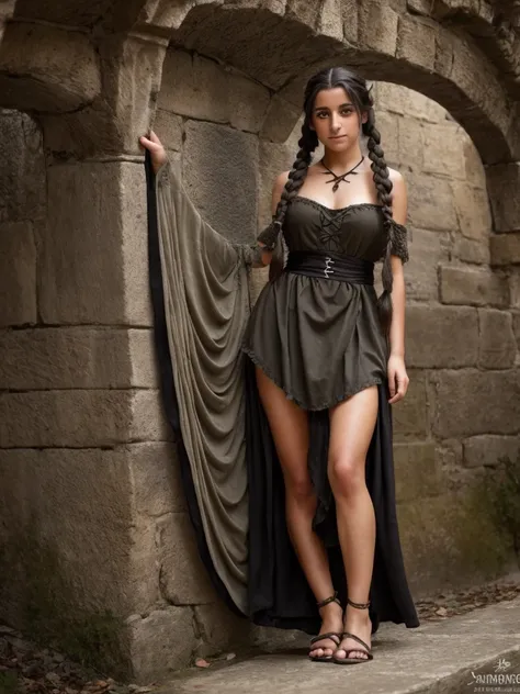 female, teen, olive skin, grey eyes, long black french braided hair, medieval dress, transformation into a harpy, taloned feet