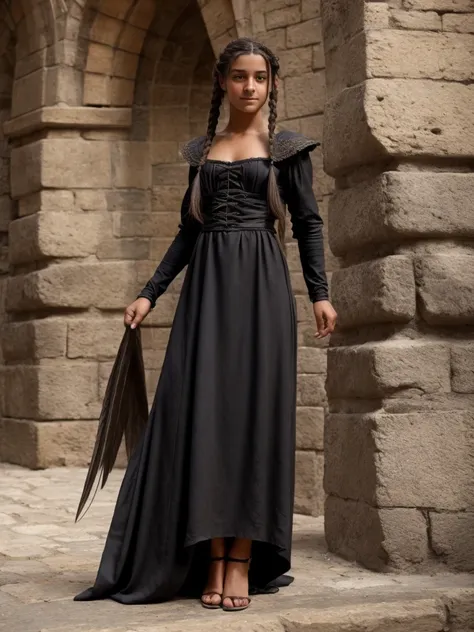 female, teen, olive skin, grey eyes, long black french braided hair, medieval dress, transformation into a harpy, taloned feet