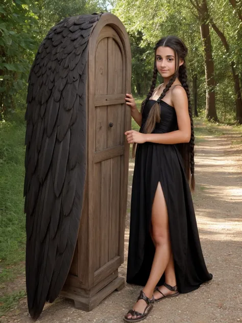 female, teen, olive skin, grey eyes, long black french braided hair, medieval dress, transformation into a harpy, taloned feet