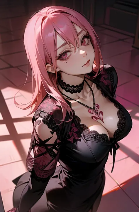 Cool women、sexy、Center of chest、Rize from Chainsaw Man、beauty、Yandere、、Face close-up、Chest tattoo、Red lace、necklace、(look up)、(Pink Hair)、(Angle from the buttocks).(solo)、(black lace mask).Counter Bar、