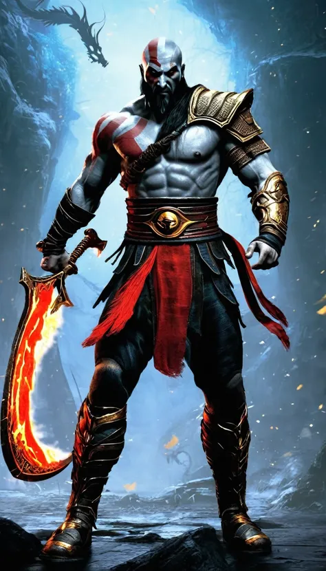 a god of war, strong, male, hello to the divine world, the age of machines dies. The god is fighting Liu Kang mortal kombat