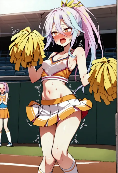 NSFW,masterpiece,Highest quality,High resolution,Very detailed,white(no game No life),Small breasts,ponytail,(Cheerleader),Tank top,Crop top,See-through,mini skirt,Knee-high socks,sports boots,baseball Ground,Audience seats,Frustrated face,blush,Sweat,sexu...