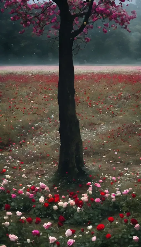 Mixed emotions in a vast field , several flowers and a rose fallen to the ground 