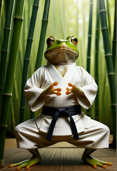 Set in a serene bamboo forest, where is the little one, but the determined frog stands in a karate fighting stance. The frog is dressed in a traditional Japanese kimono with intricate patterns and bright colors., that stand out against the backdrop of the ...