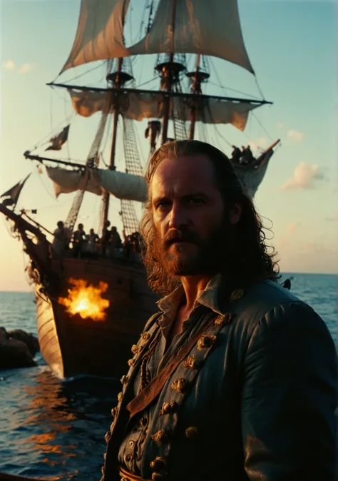 Captain Ragnar commanded the feared pirate ship, dvd screenshot, cinematic lighting, 1980s video, realistc, vhs