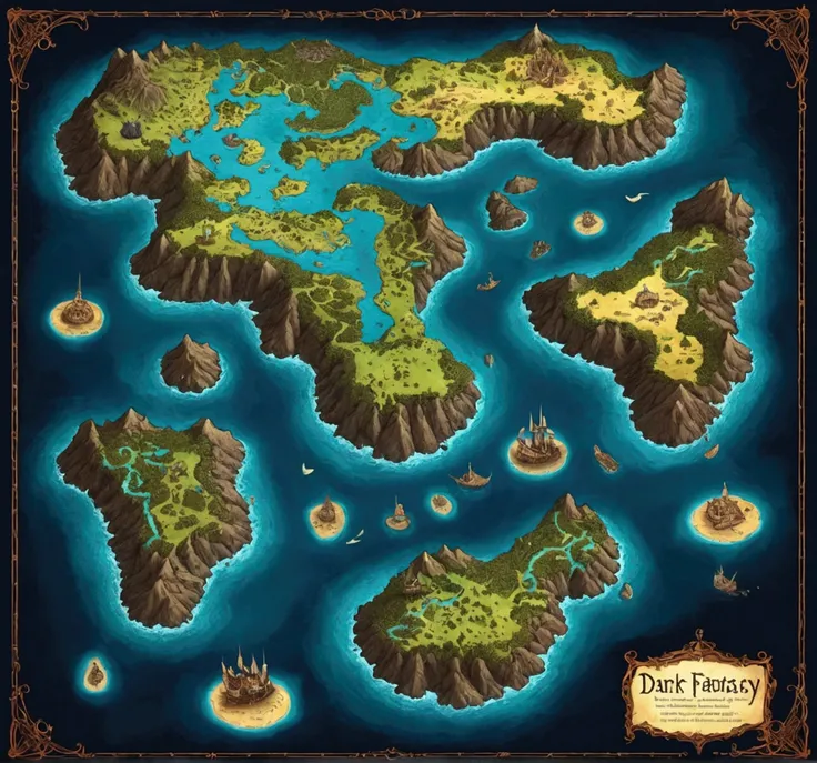 Map of a large dark fantasy world with many islands