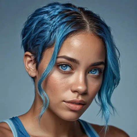 beautiful biracial woman, blue hair, light blue eyes, athletic figure, 1 man short brown hair, detailed face, realistic portrait, intricate details, masterpiece, 8k, photorealistic, high quality, cinematic lighting, dramatic colors, vivid and vibrant, digi...