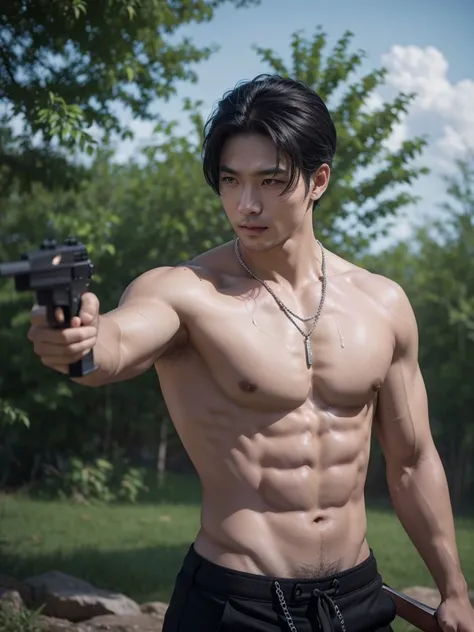 1 person, 1 man, Asia, Asia man, ((High quality)), ((Masterpiece)), ((Highly detailed)), perfect face, detailed face, realistic, ((man)), black hair, Comma hairstyle, ((shirtless)), outdoor, ((handsome)), Detailed eyes, Beautiful, detailed nose, realistic ...