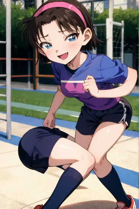 ayumiyoshida, , blue eyes, short hair, brown hair, bangs, hairband, school gym shirts,school gym shorts, smile, ,socks,,outdoor,medium breasts