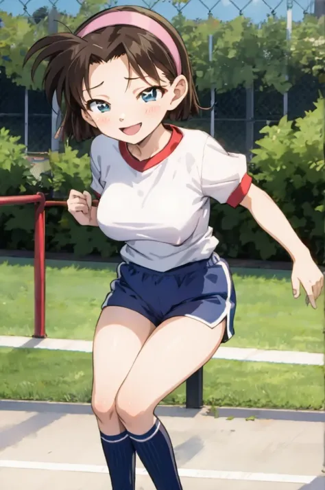 ayumiyoshida, , blue eyes, short hair, brown hair, bangs, hairband, school gym shirts,school gym shorts, smile, ,socks,,outdoor,medium breasts