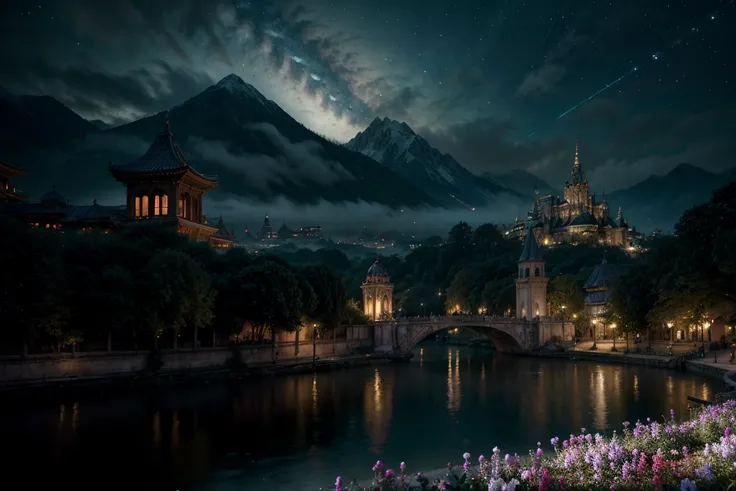 (Highest quality, Ultra HD, 16k, Masterpiece) A breathtaking fantasy kingdom nestled amidst floating mountains reminiscent of Pandora from Avatar, illuminated by the glow of a magical night. The city is adorned with vibrant, bioluminescent flora, their rad...