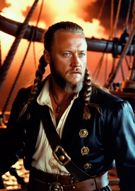 Captain Ragnar commanded the feared pirate ship, dvd screenshot, cinematic lighting, 1980s video, realistc, vhs