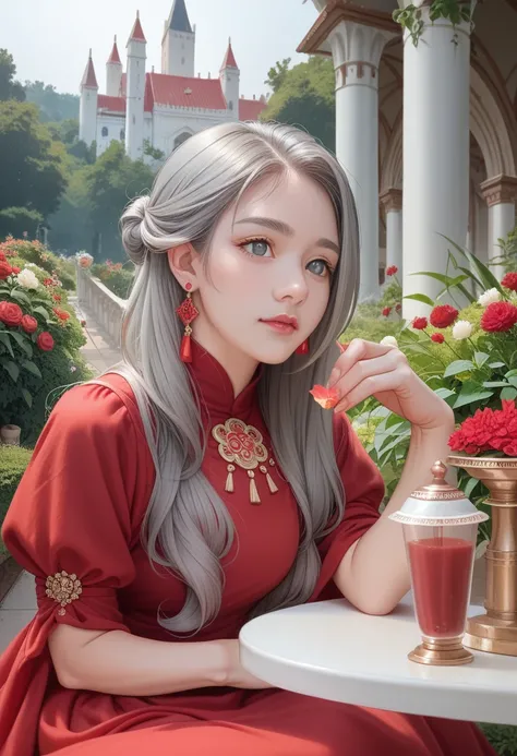 Gray-haired woman, Gray eyes, Royal Family, Red Dress, Red jewelry, Red earrings, lunar calendar, noble, lady, high quality, Very detailed, Delicate face, masterpiece, castle, Drink tea, garden, Flowers, lamp