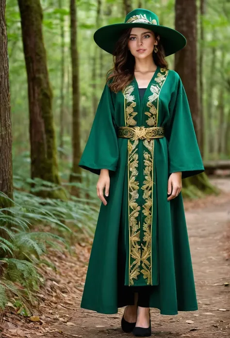 create uniforms for the school of magic and witchcraft wizard castle 
Robe:Color: Emerald green.Material: Thick, durable fabric, similar to high-quality linen or cotton.Details: Gold embroidery on the sleeves and hem, with patterns resembling tropical plan...