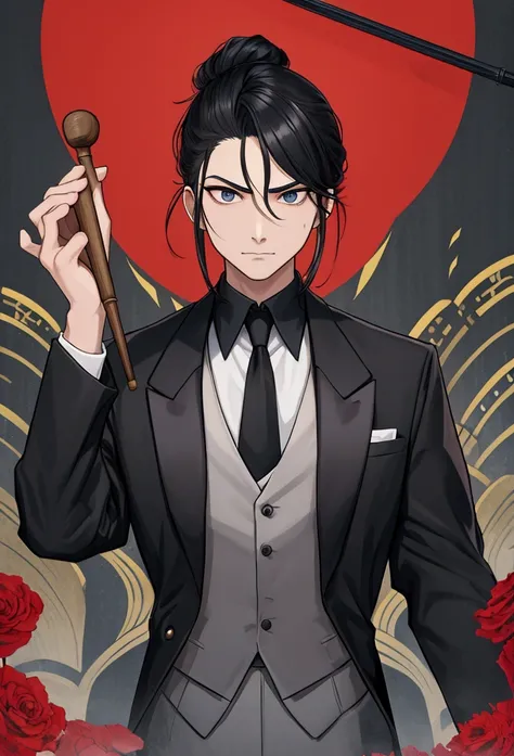 lawyer　He is wearing a black suit and has his arm raised and holding a mallet in his hand.。A servile, dissatisfied face looking diagonally upwards　Her hair is black and short on both sides, but the top is cut with a long brush, and tilted forward.　背景は裁判所のl...