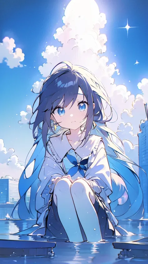 Seven-doppelganger shot，Anime style 4K,High quality anime art style，Standing painting，Splash ink background，Blue Themes、Pure white background,Buildings,Face close-up,Buildings,Moon and sun、Shining Star々,milky way,Bright Sky,Looking at me,Facing forward,Cle...