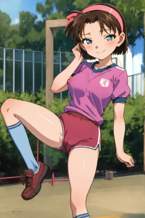 ayumiyoshida, , blue eyes, short hair, brown hair, bangs, hairband, school gym shirts,school gym shorts, smile, ,socks,,outdoor,medium breasts,nsfw