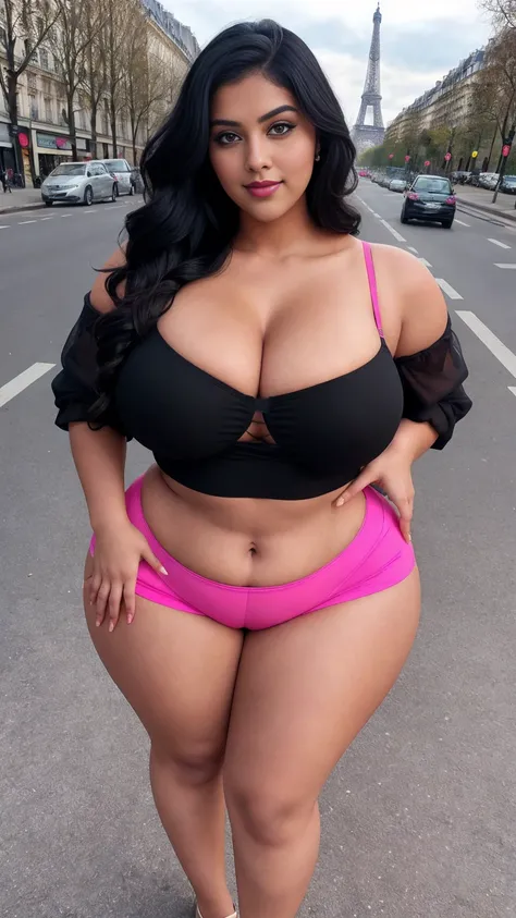 swastika mukharjee Indian beautiful woman curvy plus size hour glass bulky huge figure woman, closeup camera view, big huge m-cup breast, wearing SHEIN Teen Girl Letter Graphic Cami Top & Shorts & Mesh Top Color: Multicolor , covered Bust , elegant standin...