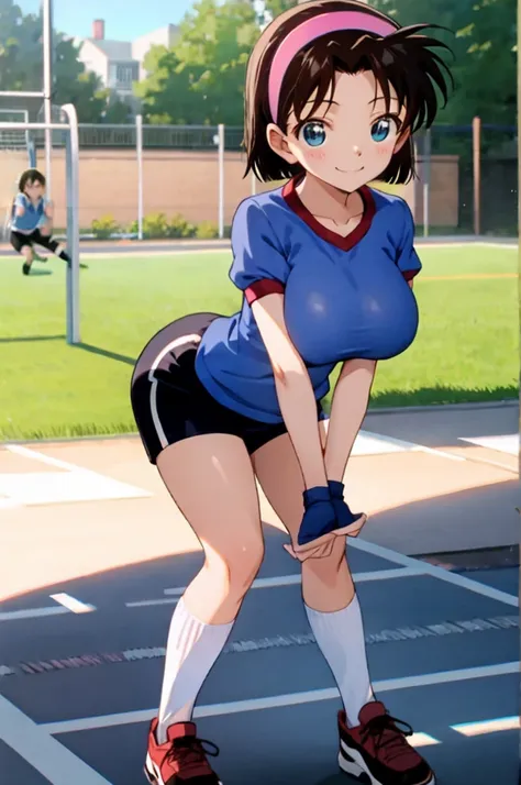 ayumiyoshida, , blue eyes, short hair, brown hair, bangs, hairband, school gym shirts,school gym shorts, smile, ,socks,,outdoor,big breasts,