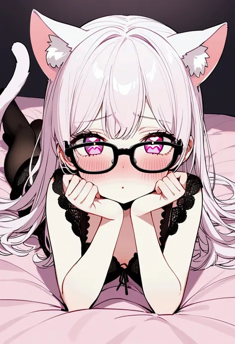 I have white pink hair, cat ears, a bun, my face is super blushing, black glasses, pink heart eyes, and if you could, in lingerie, black stockings, a cat&#39;s tail, a very shy girl, that you are lying on your bed how suspicious it is very small