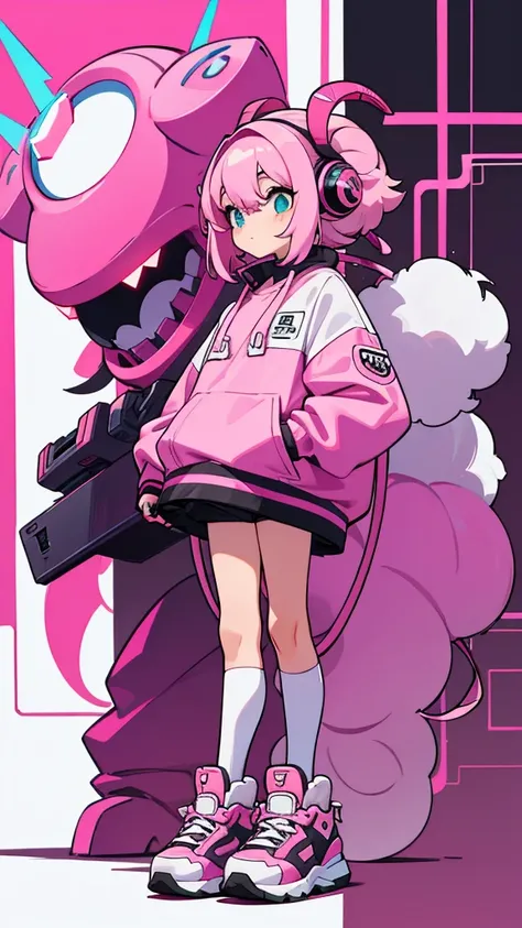 Pink sheep themed characters, Wearing big sneakers, cyber punk, ram&#39;s horn, Keep the background simple, Magazine cover design, Pale pink hair, cloud hair, light smile, closed eyes, pink hair, whole body, Magazine Cover, Magazine Design, magazine, proje...