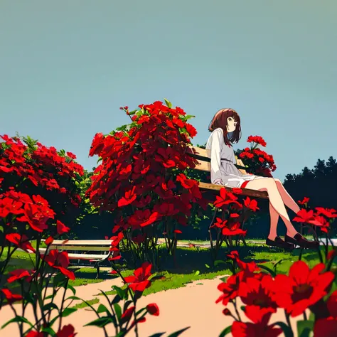 Summer, girl sitting on bench, red flowers, white clothes, brown hair, short, light gray background