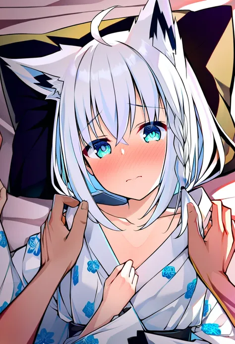 one girl, shirakami fubuki, fox ears, white hair, upperbody focus, yukata, beautiful, cute, be ready for sex, lying on bed, naiv...