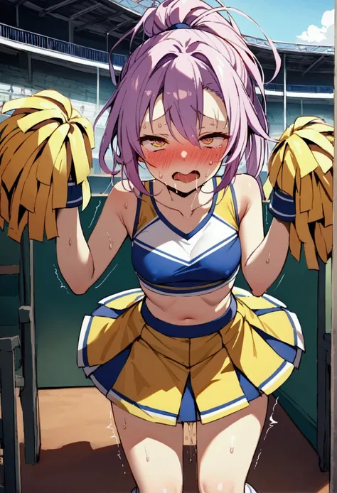 NSFW,masterpiece,Highest quality,High resolution,Very detailed,white(no game No life),Small breasts,ponytail,(Cheerleader),mesh,Tank top,Crop top,mini skirt,Knee-high socks,sports boots,baseball Ground,Audience seats,Frustrated face,blush,Sweat,sexual exci...