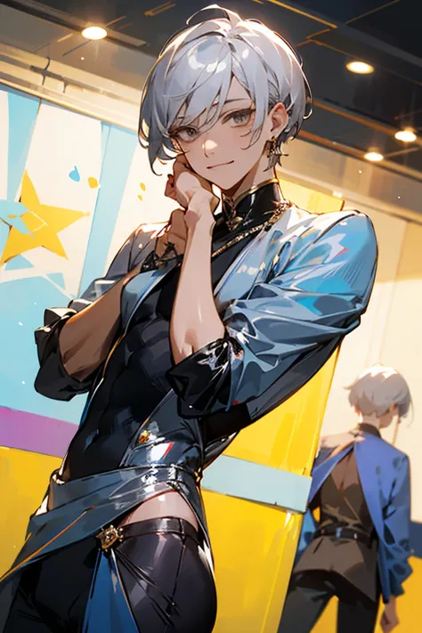 ((melhor qualidade)), ((obra de arte)), (detalhado), male, short hair, silver hair, silver eyes, disco ball earrings, silver clothes, revealing clothes, teasing face, flirty expression