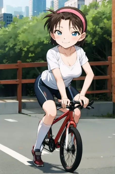 ayumiyoshida, , blue eyes, short hair, brown hair, bangs, hairband, , smile, ,socks,,outdoor,medium breasts,,bike shorts