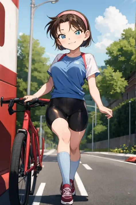 ayumiyoshida, , blue eyes, short hair, brown hair, bangs, hairband, , smile, ,socks,,outdoor,medium breasts,,bike shorts