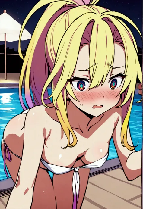 NSFW,masterpiece,Highest quality,High resolution,Very detailed,white(no game No life),Small breasts,ponytail,Strapless bandeau bikini top,Cleavage,Tie side bikini bottom,Groin,Pool at night,Beach parasol,Stunned face,blush,Sexy pose,being kissed by a man