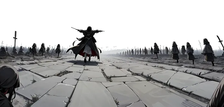 diagonal angle, ground level shot, low level shot, low angle, dutch angle. attacking horde of robed skeletons, a defeated girl againsy army of robed skeletons marching eerily towards her, hurt girl fallen on the ground facing huge crowd of robed skeletons,...