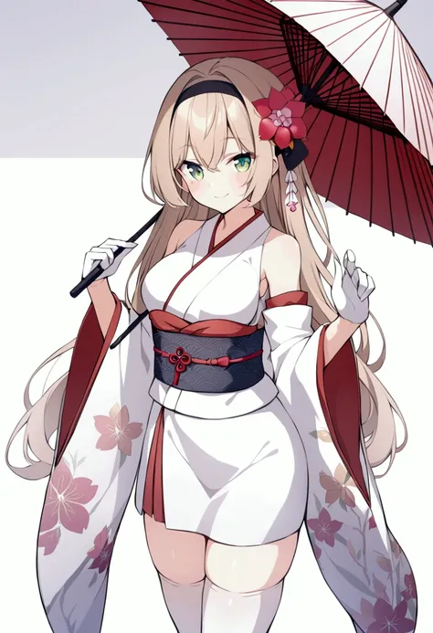 slender, mature female, 1girl, light brown_hair, umbrella, long_hair, solo, wide_sleeves, smile, japanese_clothes, hair_ornament, kimono, obi, holding, holding_umbrella, hair_flower, long_sleeves, sash, breasts, closed_mouth, flower, looking_at_viewer, alt...