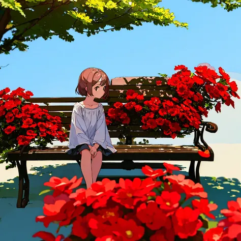 Summer, girl sitting on bench, red flowers, white clothes, brown hair, short, light gray background