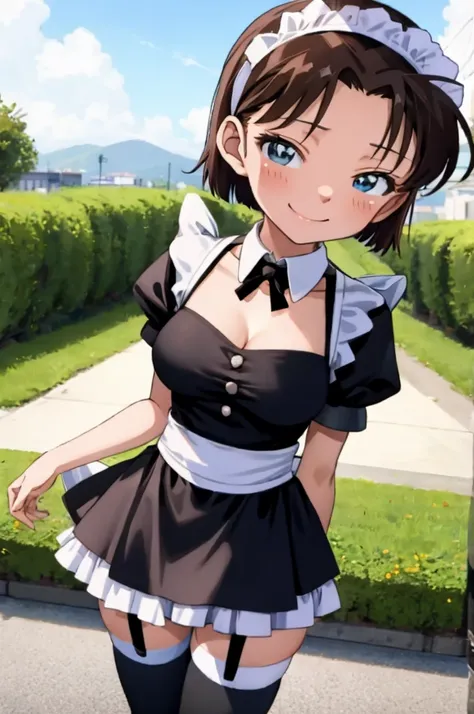 ayumiyoshida, , blue eyes, short hair, brown hair, bangs, hairband, , smile, ,,,outdoor,medium breasts,,(((maid costume))),minis...