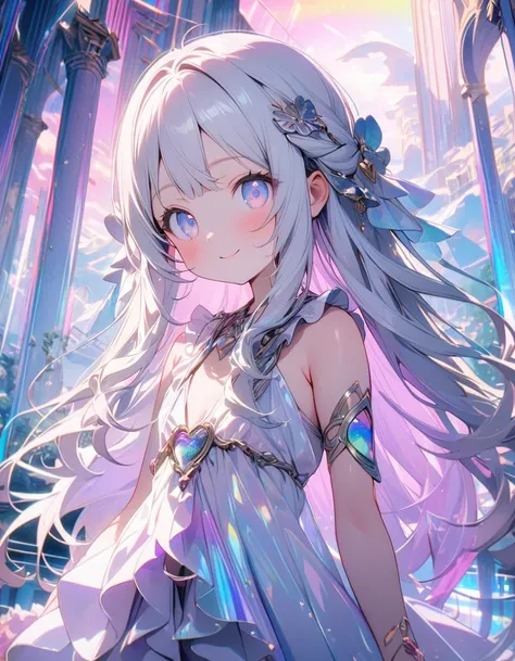 (8K, best quality, master piece: 1.2),super high resolution,1 girl is Aphrodite,18yo,solo,detailed cute face, pretty baby face, ultra cute kawaii, smile,detailed eyes,white hair,long hair,(Aphrodite, loli:1.4),straight hair,(iridescent light:1.4),立っている,Sky...