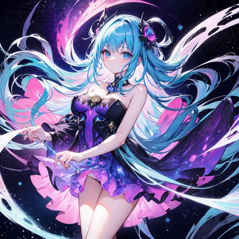 A celestial girl with starry hair and eyes that reflect the cosmos, floating in a galaxy filled with colorful nebulae and distant planets. Her dress is made of stardust and glows with an inner light. She reaches out to touch a swirling black hole that emit...