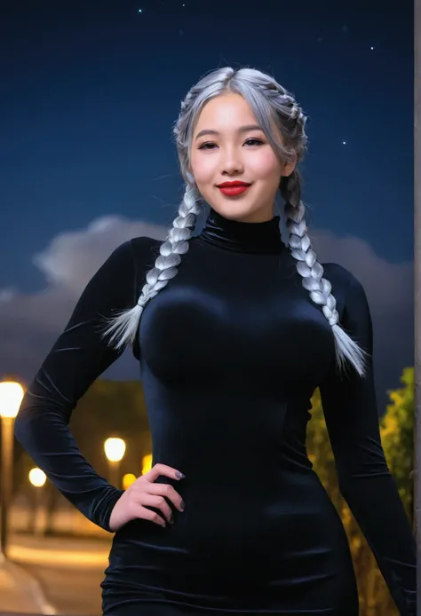 MeiMeiBD1, 1girl, solo, long hair, braid, hair over one eye, dress, smile, black dress, looking at viewer, breasts, long sleeves, braided bangs, large breasts, blue hair, braided ponytail, turtleneck dress, cowboy shot, makeup, red lips, grey hair, one eye...