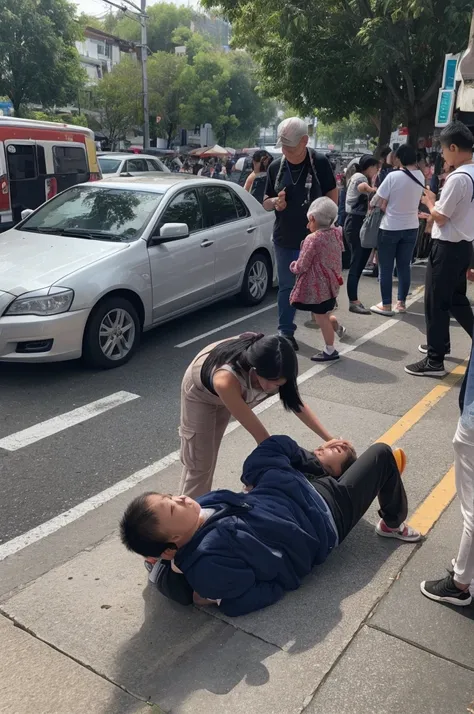 A large number of ordinary people go to help the fallen grandmother