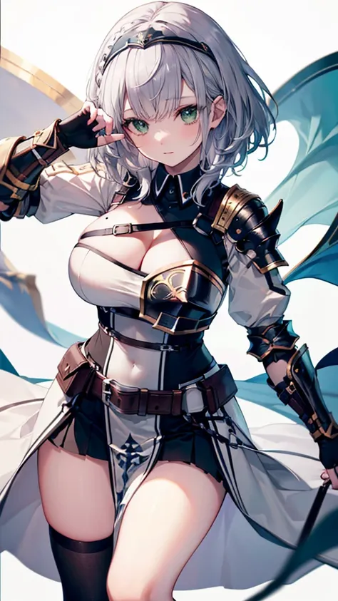 (Ultra-high resolution,masterpiece, Attention to detail, Highest quality), 8k,(Arnoel, Medium Hair, Green Eyes, hair band, Blue Collar, Shoulder Armor, Cleavage, Mole on chest, Dress in Armor, Chest belt, Gold border, Fingerless gloves, Black gloves, Tea b...