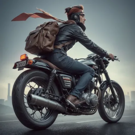 araffe riding on a motorcycle with a backpack on the back, inspired by Rudy Siswanto, 3 d epic illustrations, by Rudy Siswanto, stunning digital illustration, motorcycle concept art, motorbiker, biker, motorcycle, hyper realistic illustration, inspired by ...