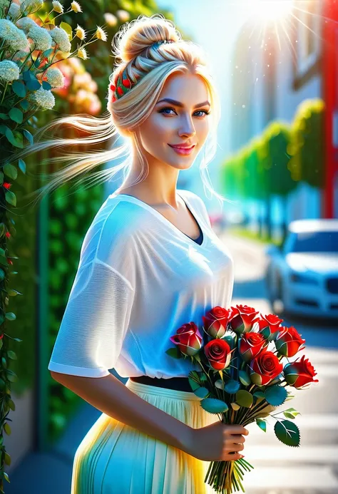 Detailed portrait of a beautiful woman walking down the street holding a bouquet of red roses, happy expression, Her blonde hair is tied up in a messy bun, (casual wear: 1.1), white t shirt, Long skirt in flowing summer material, Flowers on the background,...