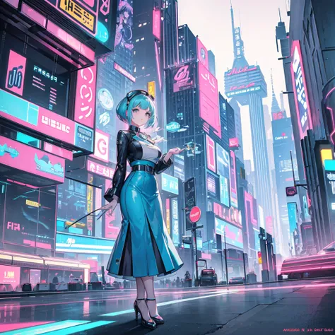 A retro-futuristic girl with a vintage hairstyle and chrome accessories, standing in a 1950s-inspired futuristic city. The cityscape features flying cars, monorails, and towering skyscrapers with neon signs in vintage typography. She wears a pastel-colored...