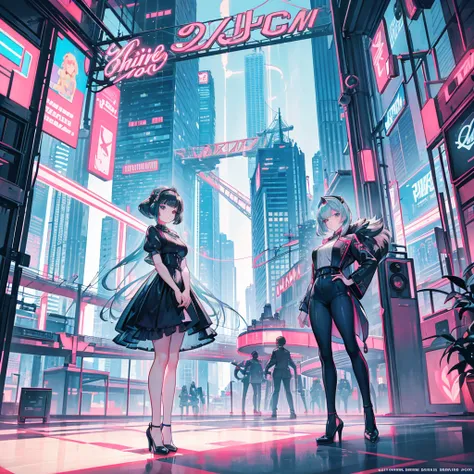 A retro-futuristic girl with a vintage hairstyle and chrome accessories, standing in a 1950s-inspired futuristic city. The cityscape features flying cars, monorails, and towering skyscrapers with neon signs in vintage typography. She wears a pastel-colored...