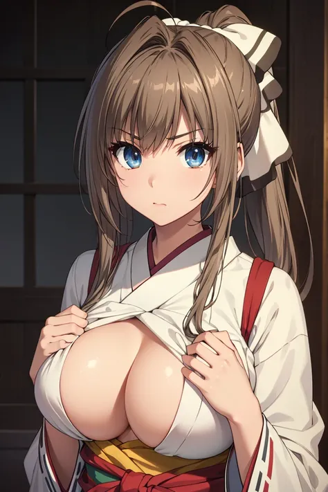 SentoIsuzu,brown hair, brown eyes, long hair, antenna hair, ponytail, hair bow,large breast,
BREAK (White_kimono:1.2),
BREAK angry looking face、Shyness、up chest、solo,、breastsout(camels toe)、highleg,
BREAK (masterpiece:1.2), best quality, high resolution, u...