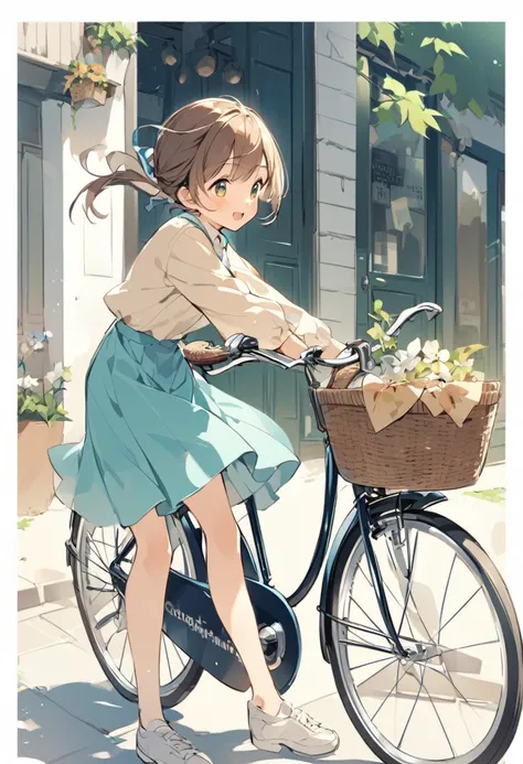 Leaning forward、Move forward left、girl、bend arms、ride a bicycle、Good posture、Mamachari、Bicycle with basket、Straight back