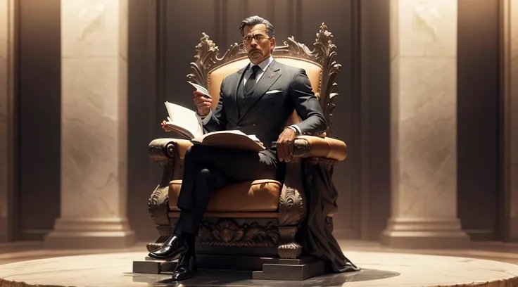 Sculpture of a rich and highly detailed executive man sitting on a stone chair, Position of authority Holding an open book titled The Wall Street Handbook of Wealth