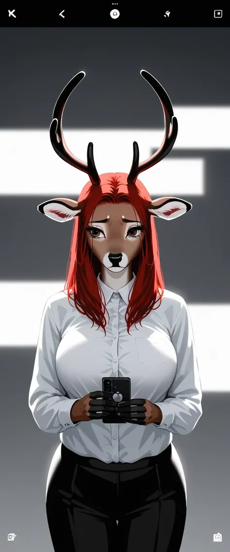 masterpiece, Best quality, antro, Furry, deer, Doe, long eyelashes, plump, big breasts, big butt, Red hair, bob hair, cinematic lighting, Scattered light, a high resolution, high detail, ultra realistic, sad, pensive, Looking into the distance, Holding a p...