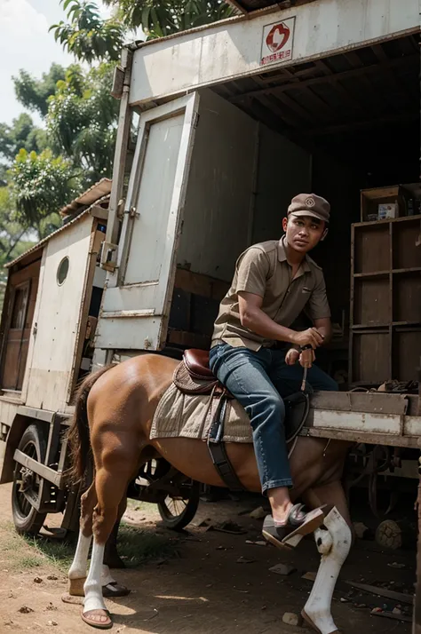 Seorang Coboy naik kuda senjata senapan